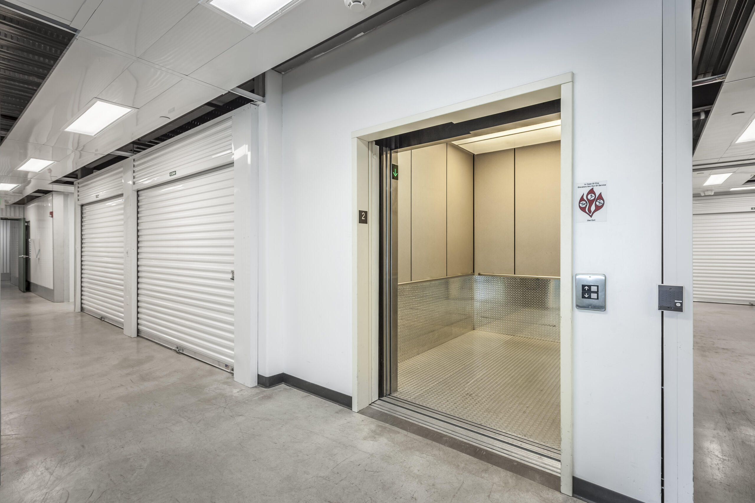 Elevator inside of a climate controlled self storage facility.