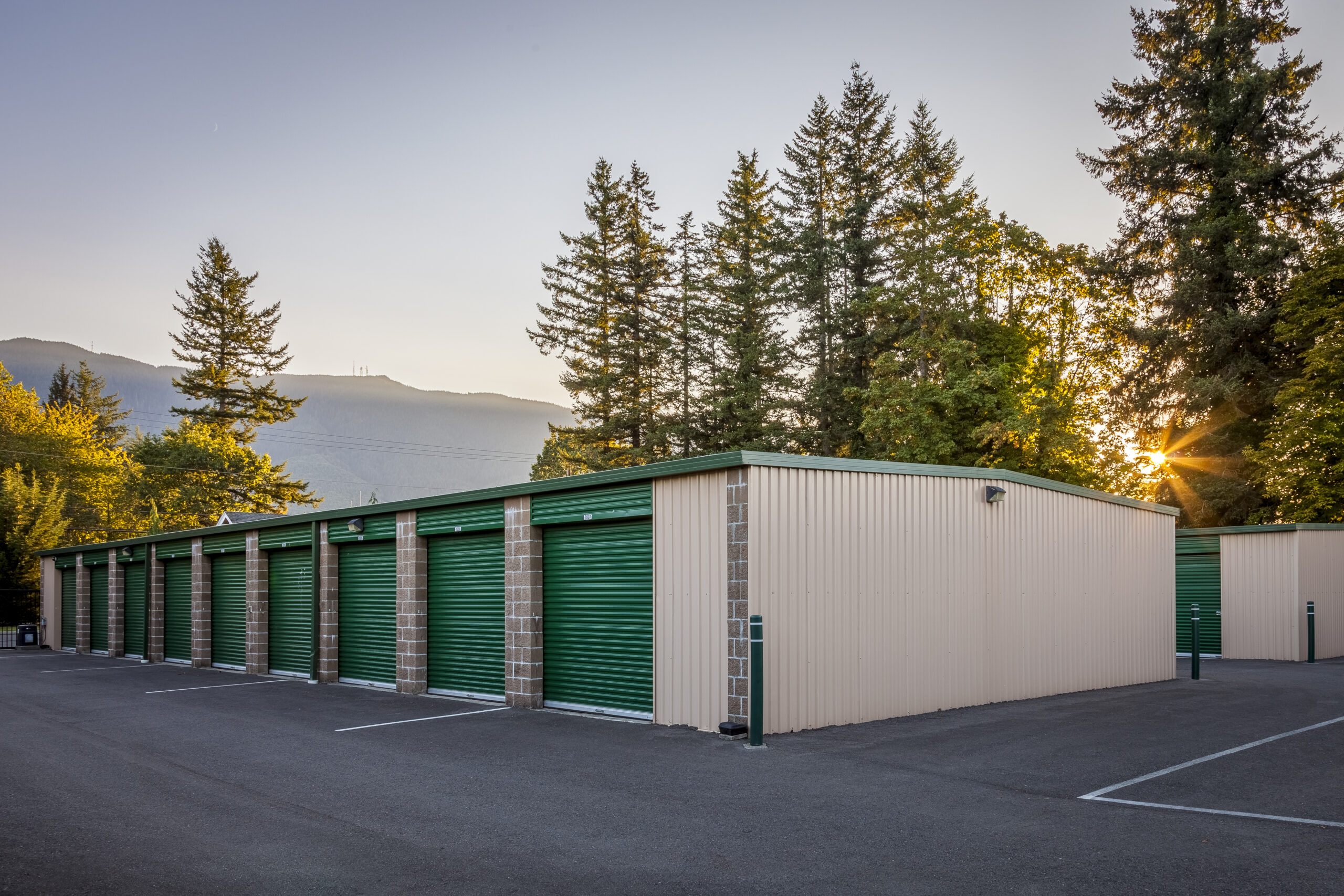 Exterior of drive up self storage units.