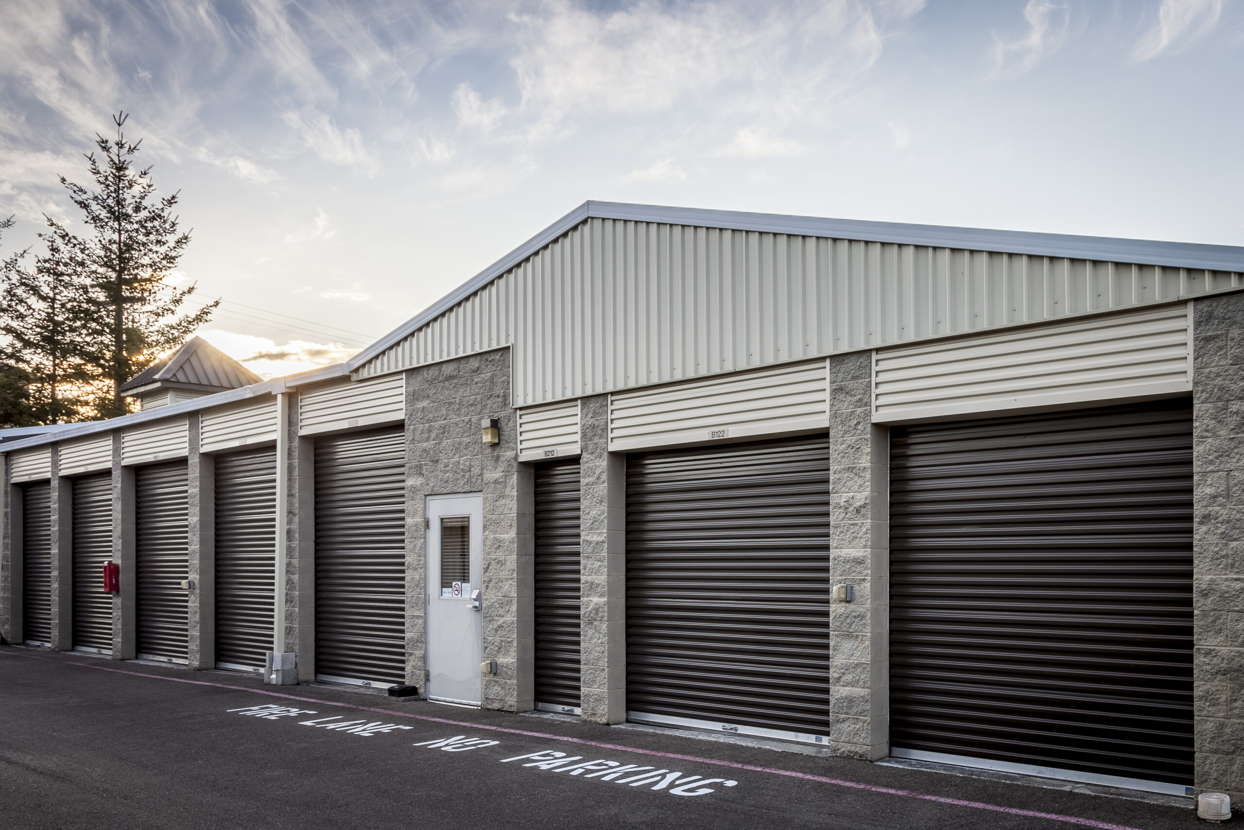 Exterior of a self storage facility with drive up units.