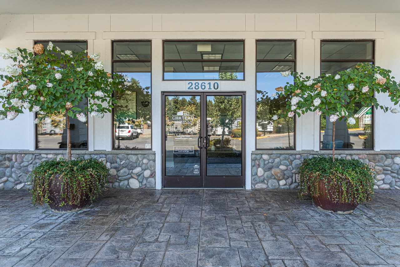 Front entrance of a self storage facility leasing office.