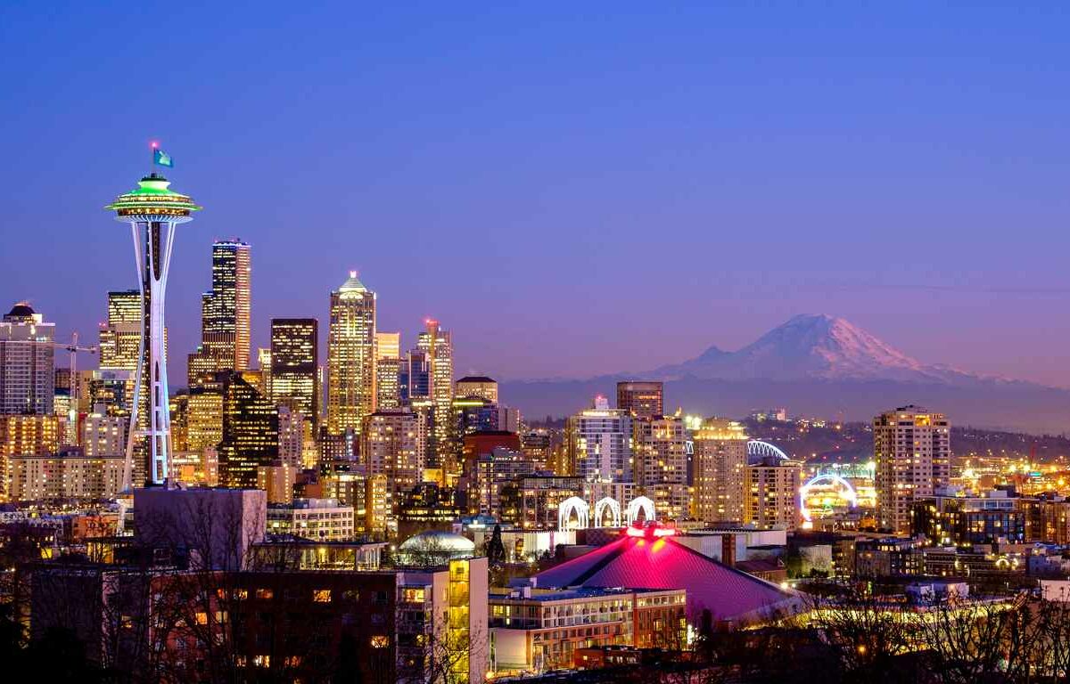 The Seattle skyline is lit up at night