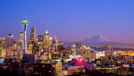 The Seattle skyline is lit up at night