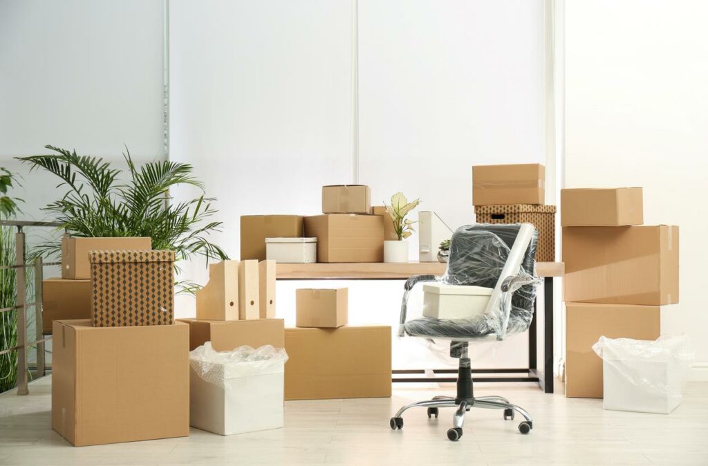 Office items packed in boxes ready to be stored
