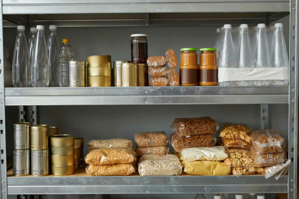 Non-perishable food items set on a storage shelf
