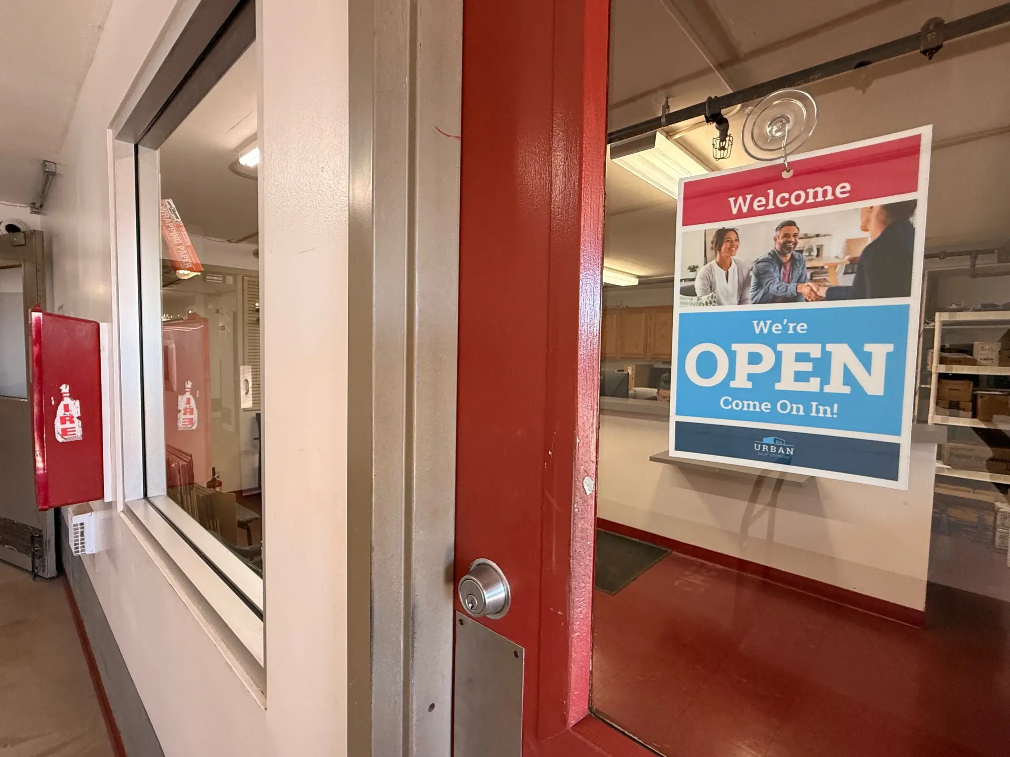 Open sign on storage facility